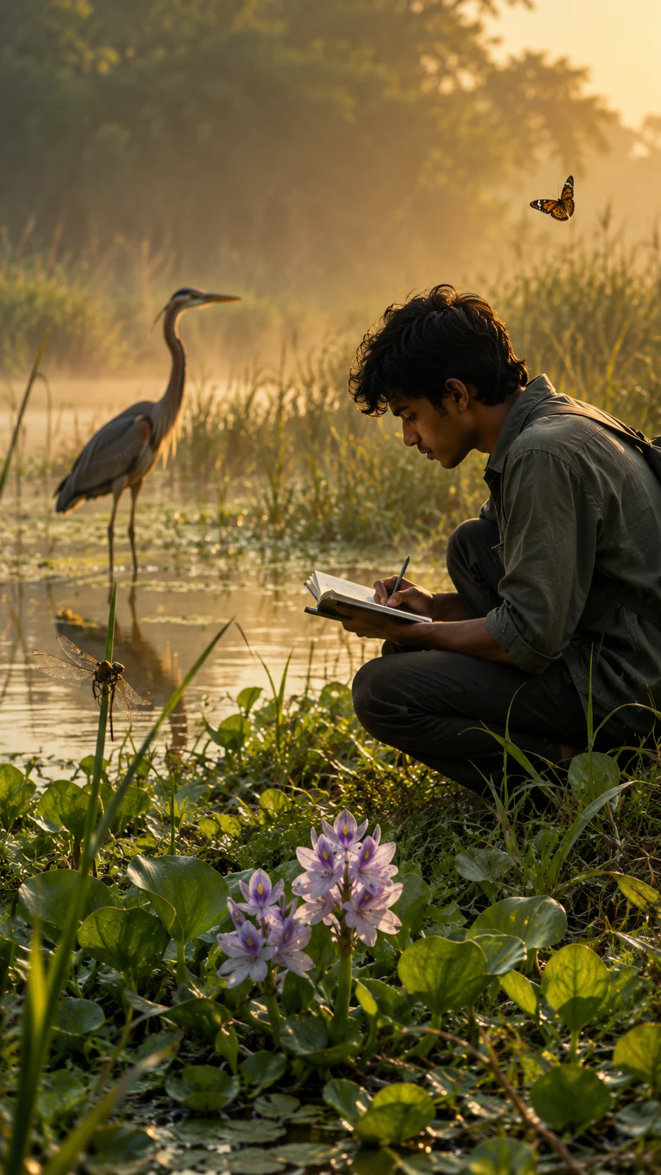 A biologist crouches at a Bengal wetland at dawn, surrounded by a heron, a dragonfly, and water hyacinth