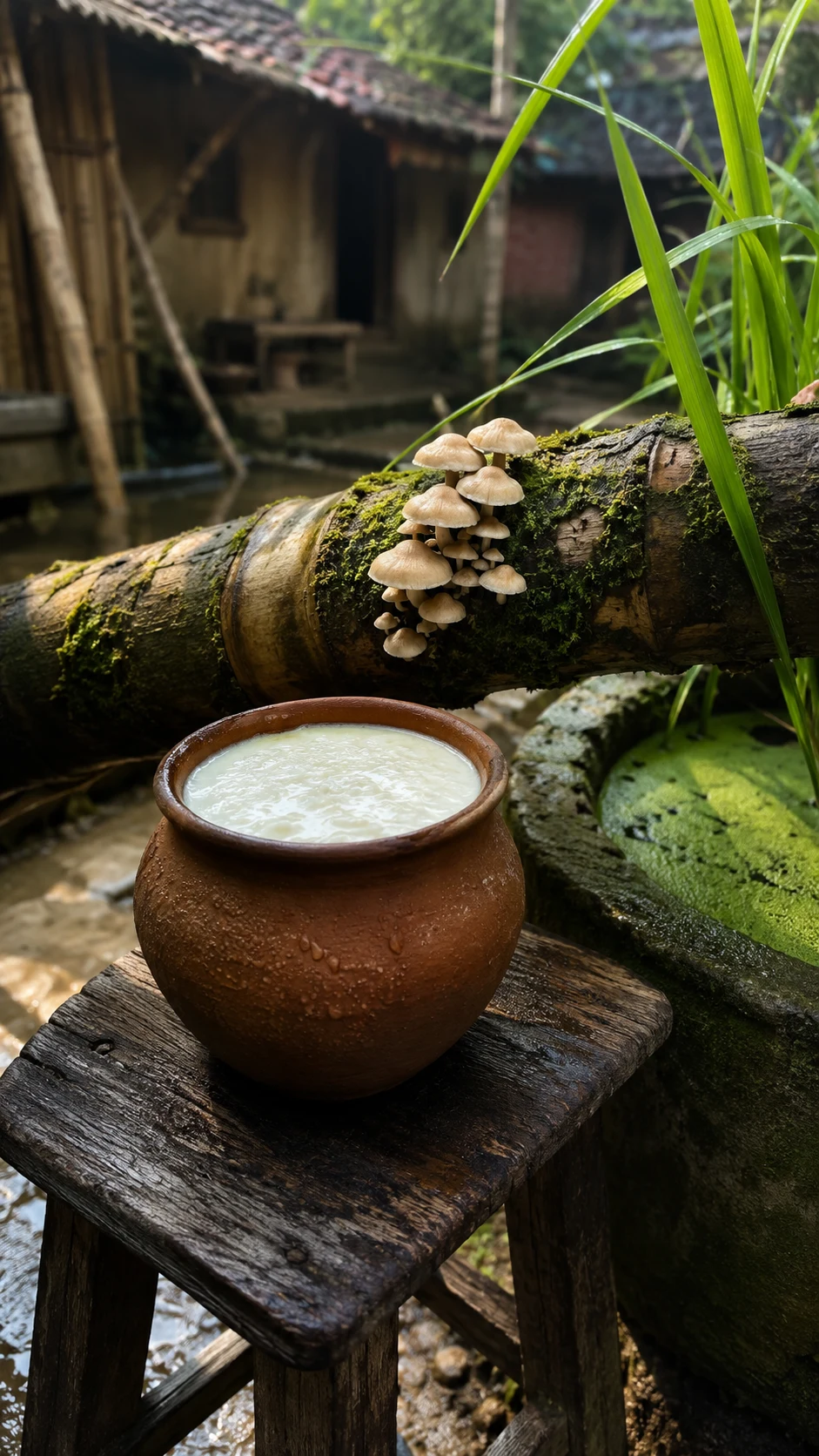 A clay pot of fermenting curd, a mossy log with mushrooms, and paddy leaves in a Bengal village courtyard