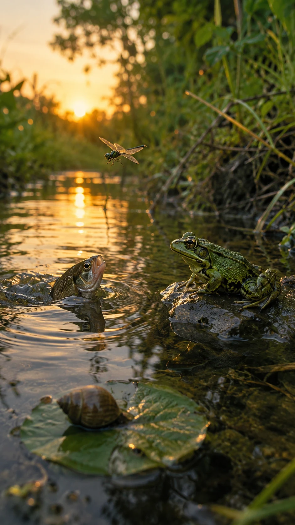 A fish, frog, snail, and dragonfly sharing a freshwater creek in rural West Bengal
