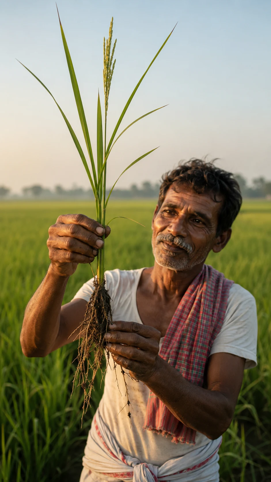 A farmer holds up a whole uprooted rice plant showing its root, stem, leaves, and flower