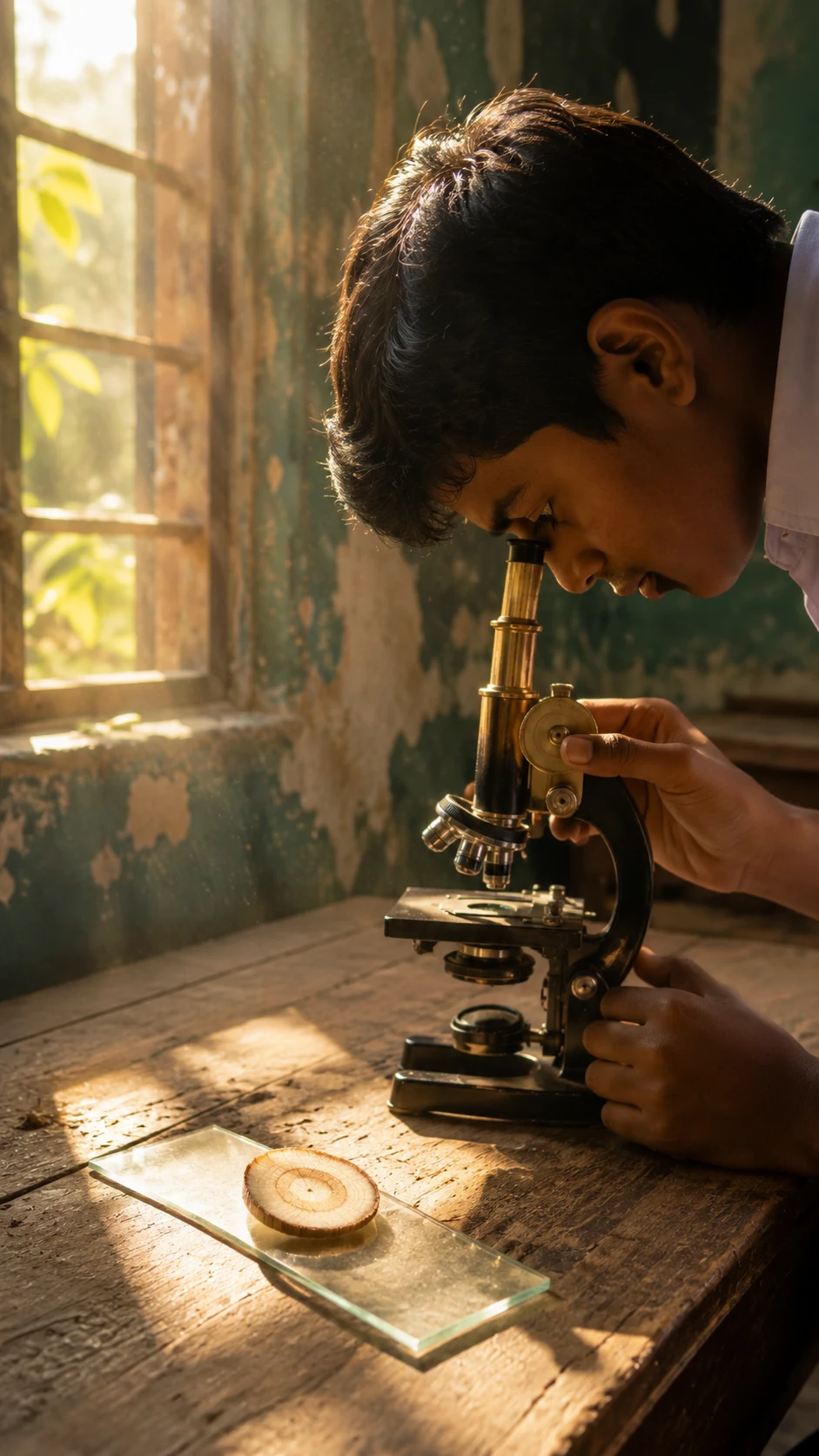 A student examines a backlit cross-section of a plant stem under a microscope in a rural school lab