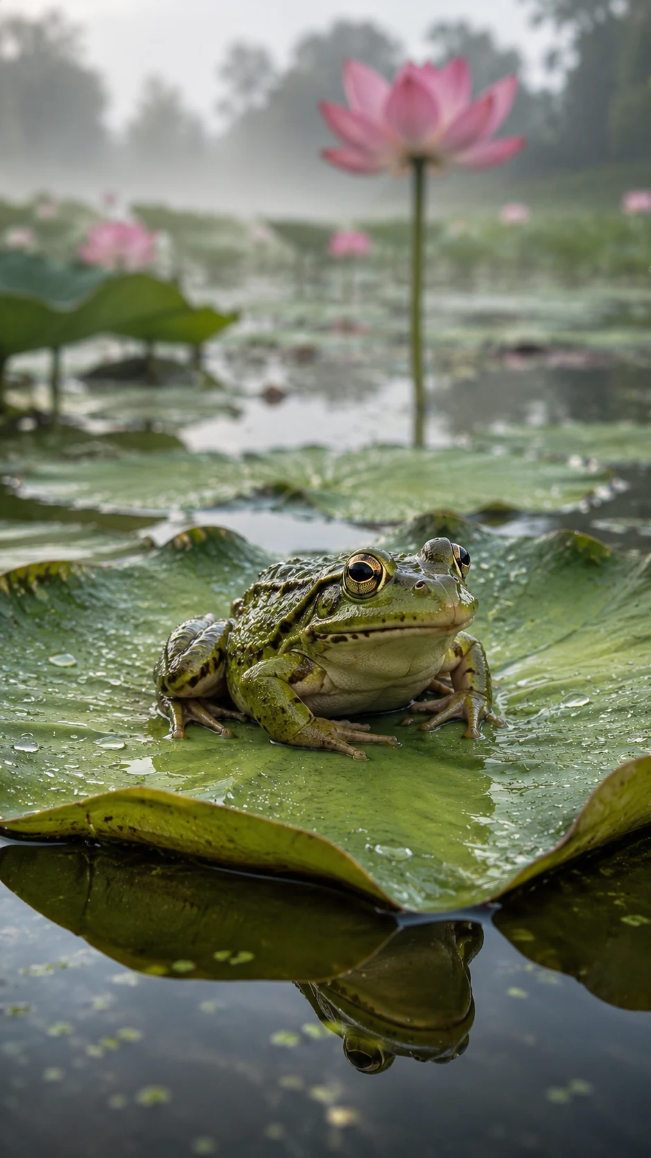 A frog rests on a lotus leaf in a still West Bengal village pond