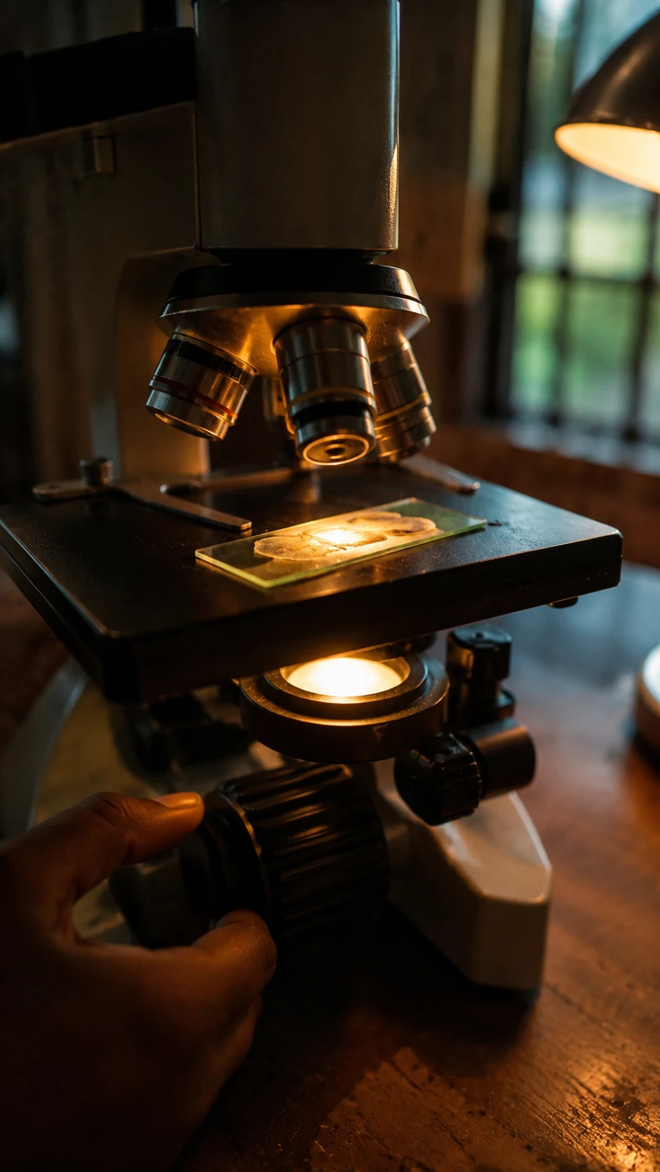 A translucent onion peel slide glows under a school microscope's light