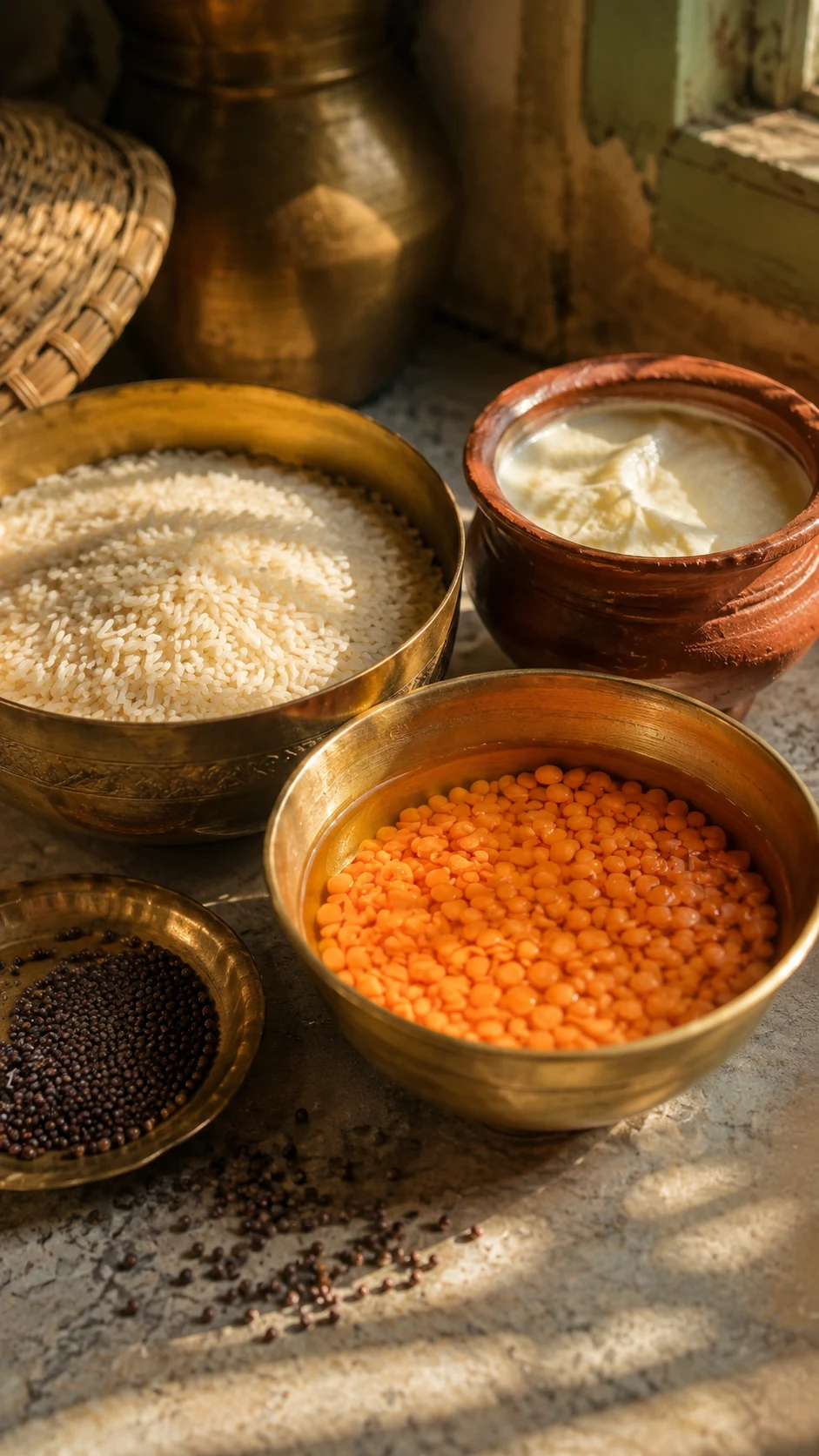 Rice, soaked lentils, curd, and mustard seeds arranged on a Bengal kitchen counter