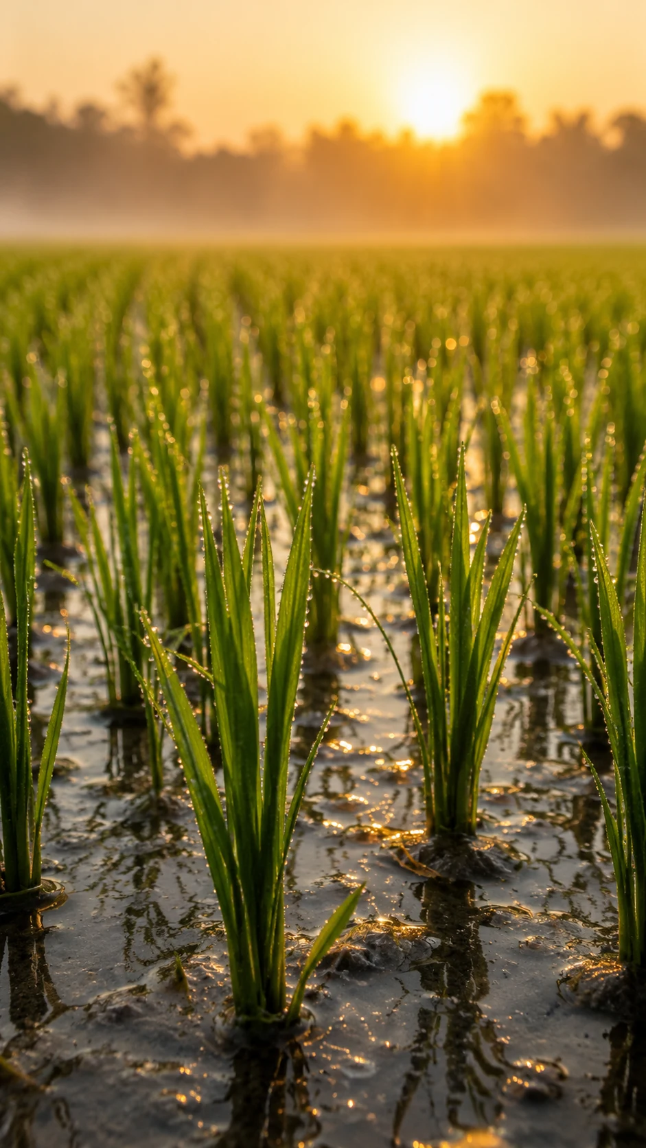 Rows of bright green rice seedlings rising from a flooded nursery bed at sunrise
