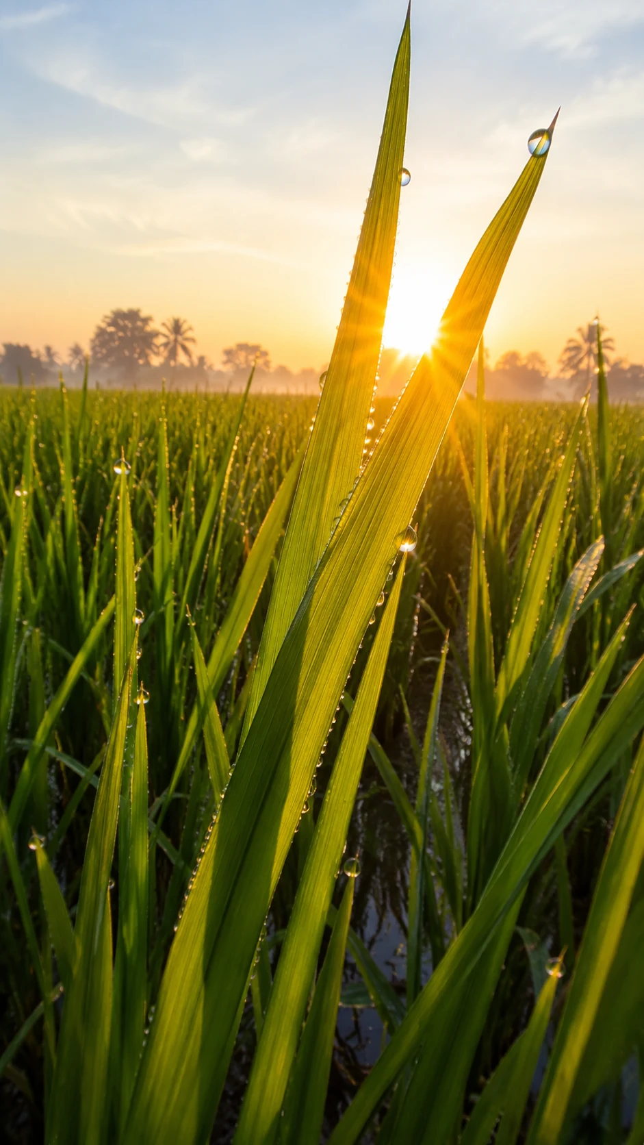 Sunlight streams through translucent green paddy leaves at sunrise