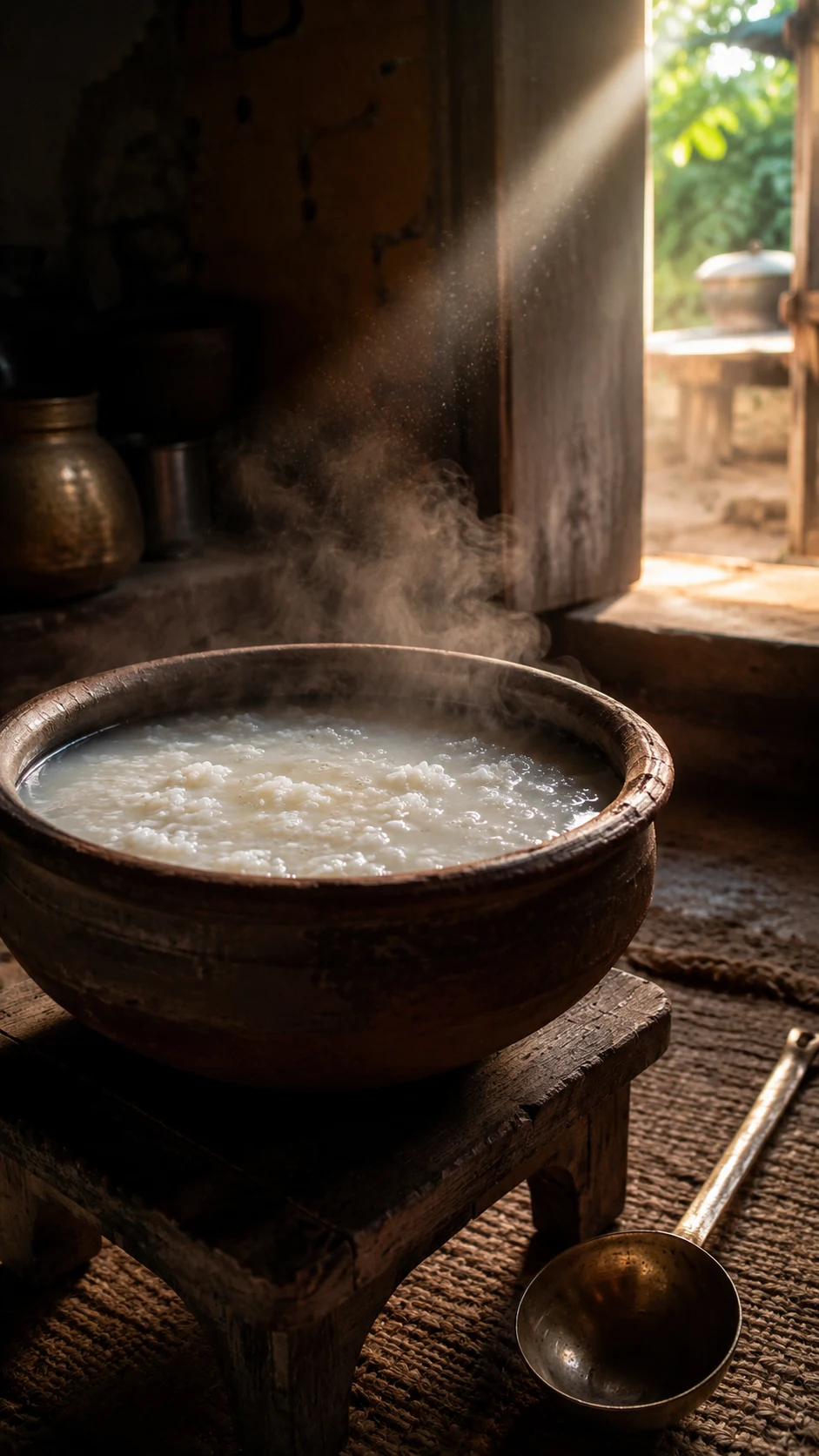 A clay pot of overnight-soaked rice with steam rising in a Bengal village kitchen at dawn