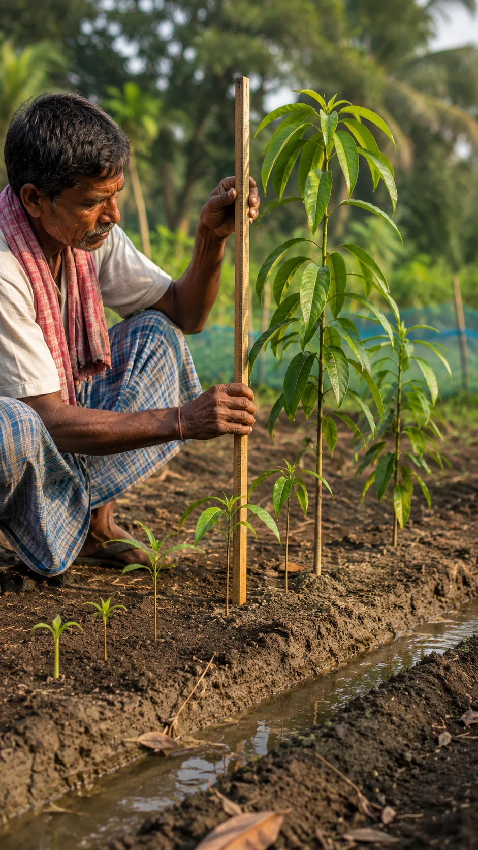 A farmer measures young mango saplings of different heights in a rural nursery