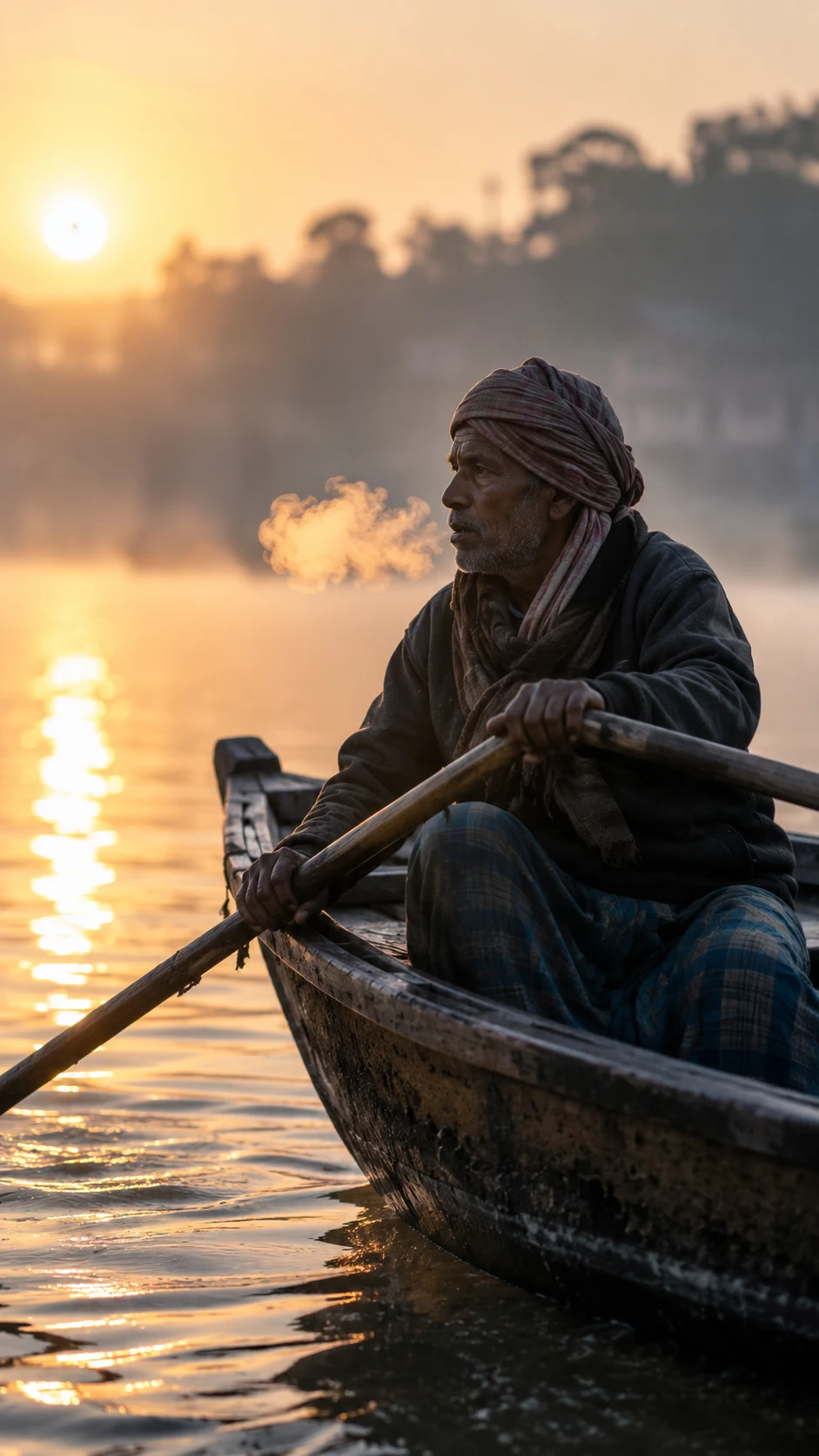 A boatman rows on the Ganges at dawn, his breath visible as condensation in the cold air