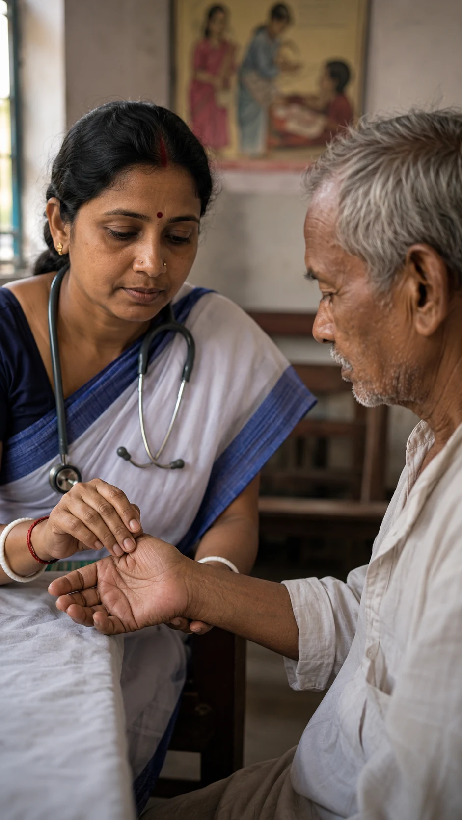 A health worker checks an elderly villager's pulse at a rural primary health centre