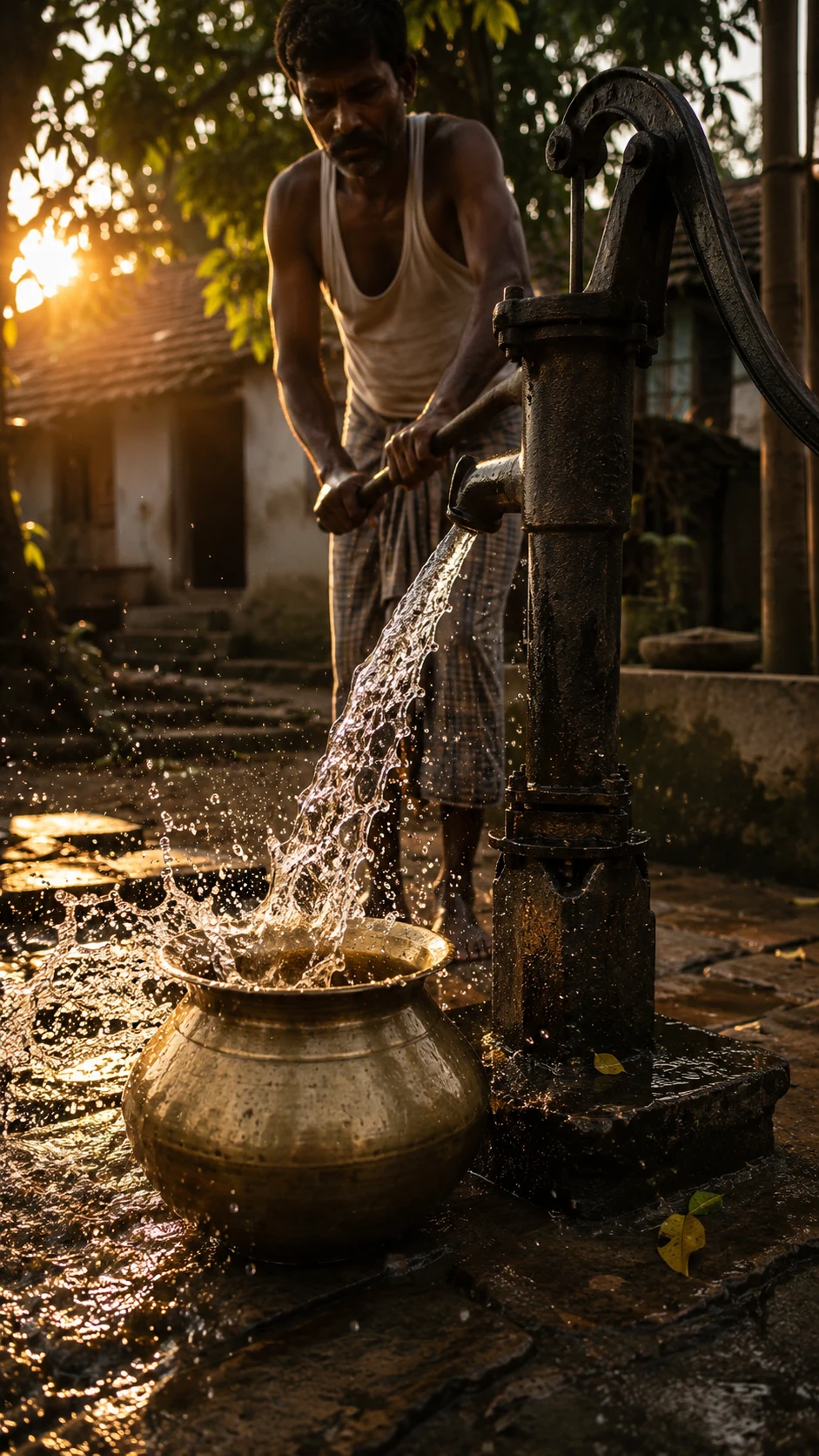 A villager pumps clear water from a hand tube-well at dawn