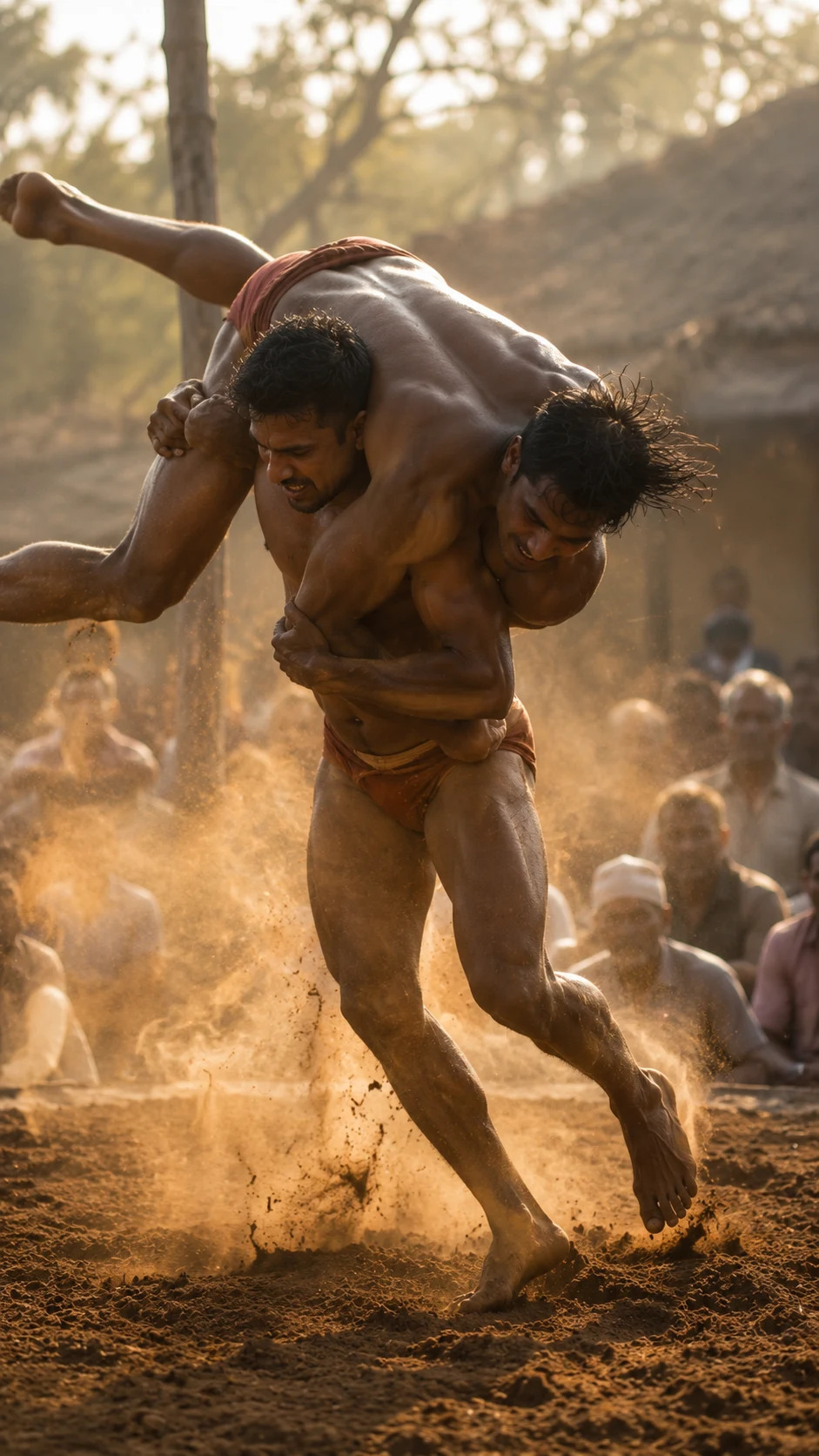 Two wrestlers mid-throw in a rural West Bengal akhara at dawn