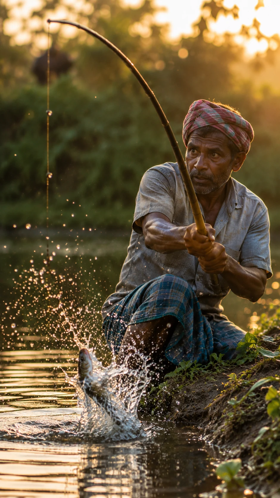 A fisherman reacts the instant a fish strikes his line at a village pond