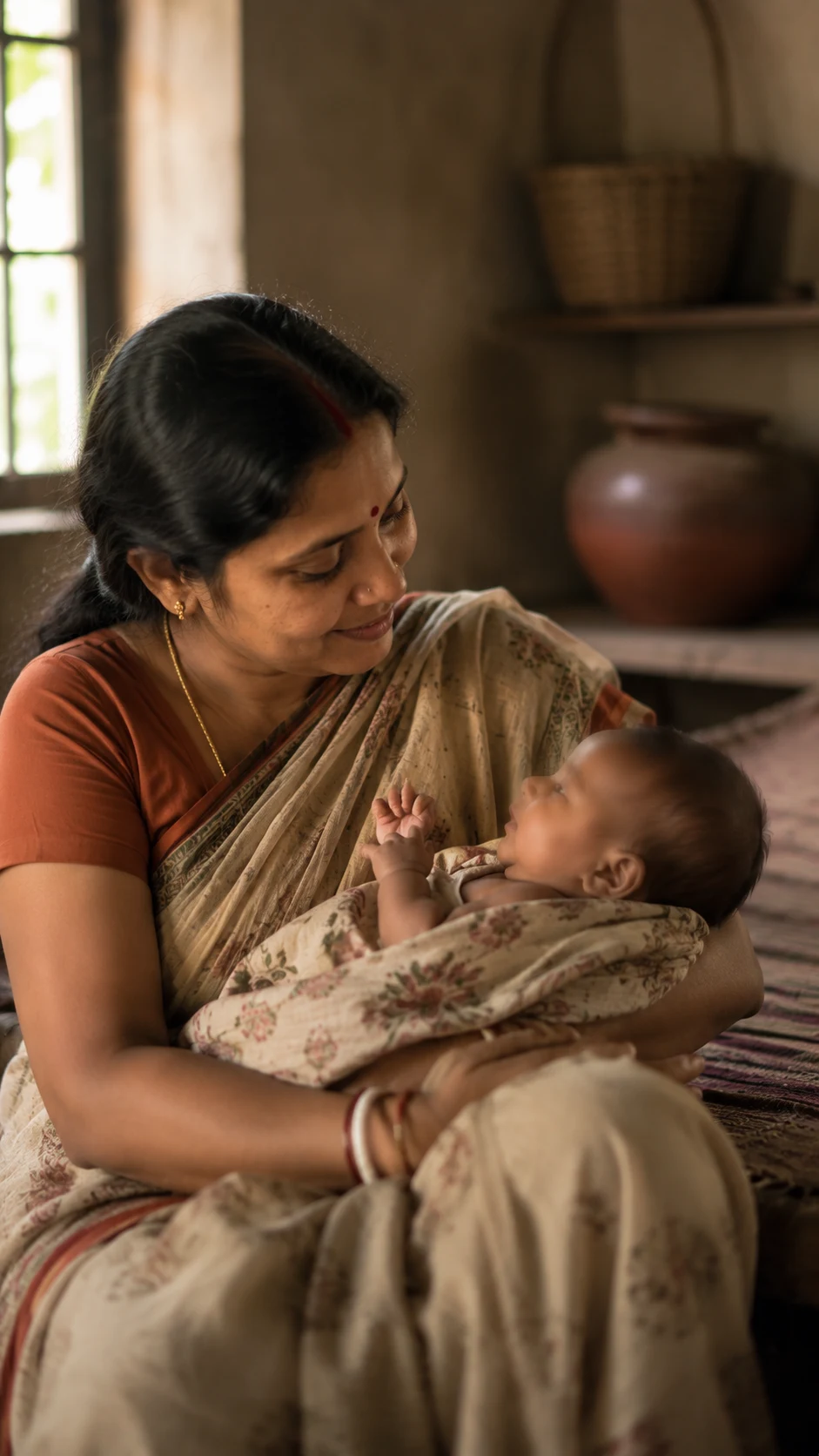 A mother breastfeeds her infant in a warmly lit West Bengal village home