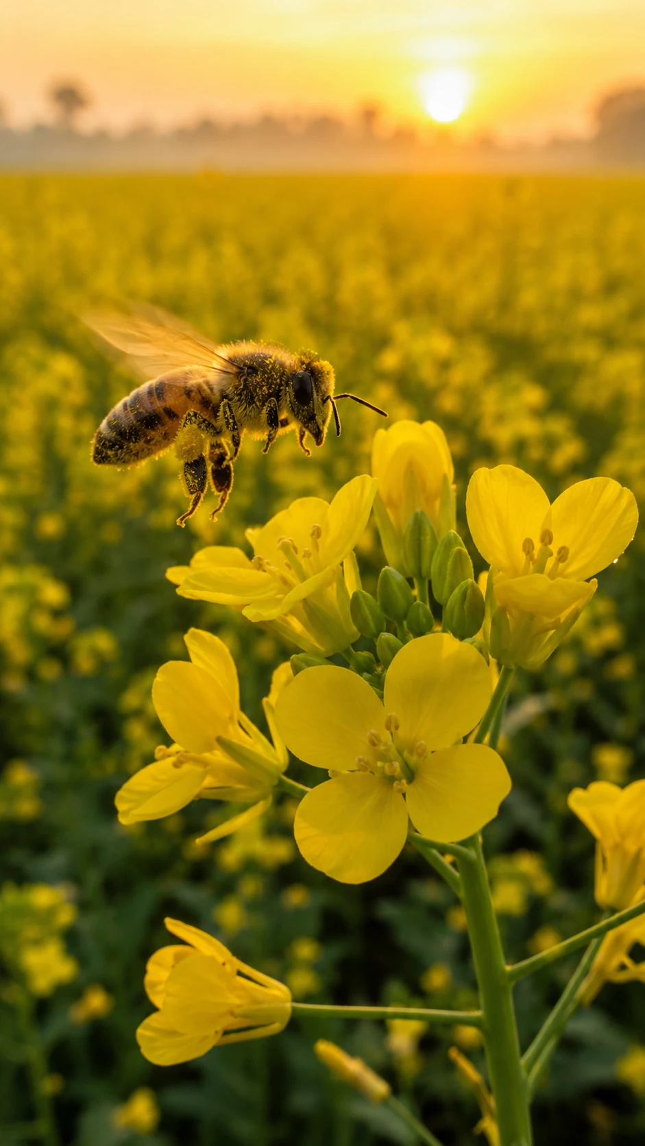 A honeybee dusted in pollen hovers over a mustard flower in a Bengal field at sunrise