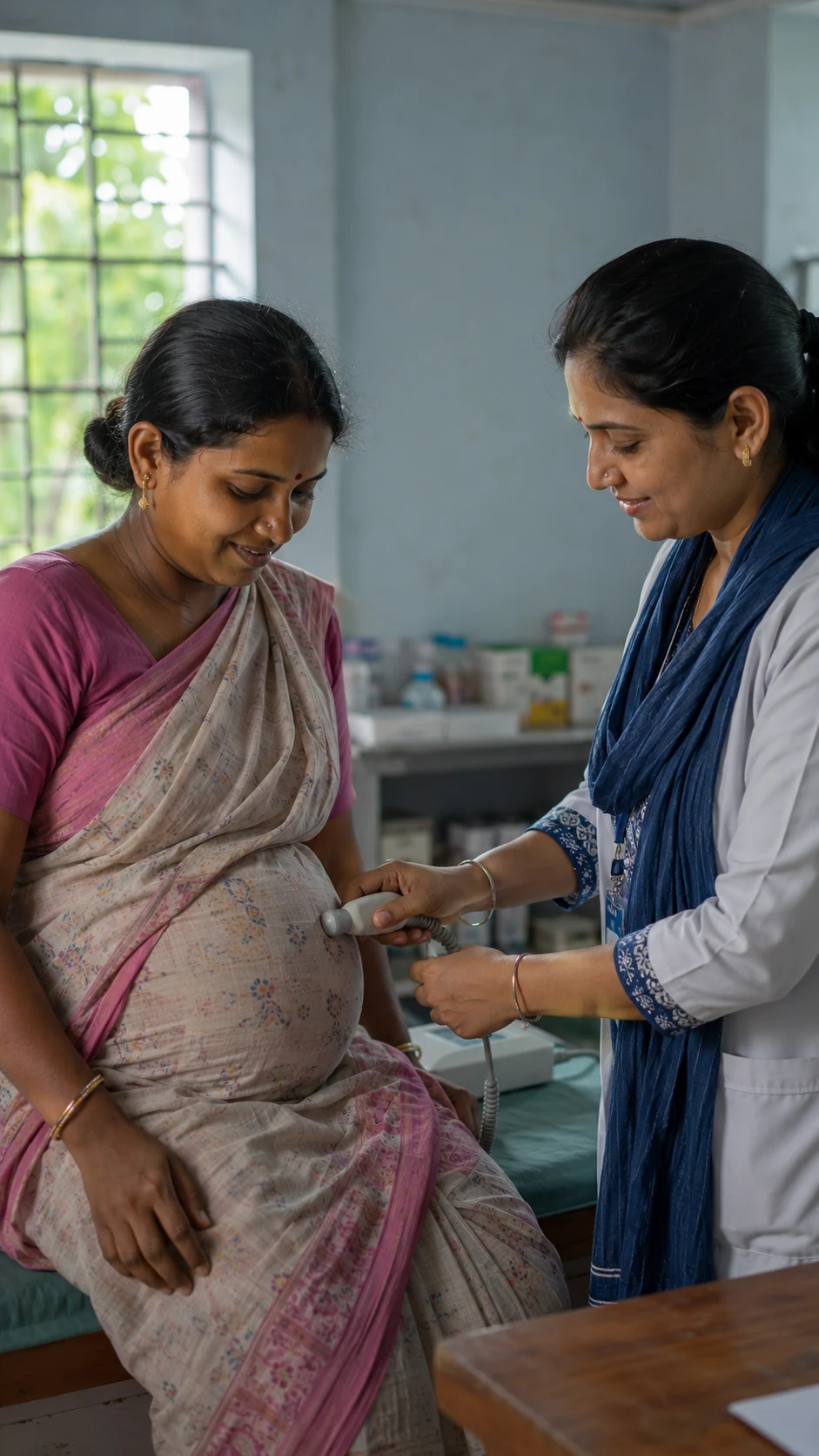A pregnant woman receives a gentle check-up at a rural primary health centre