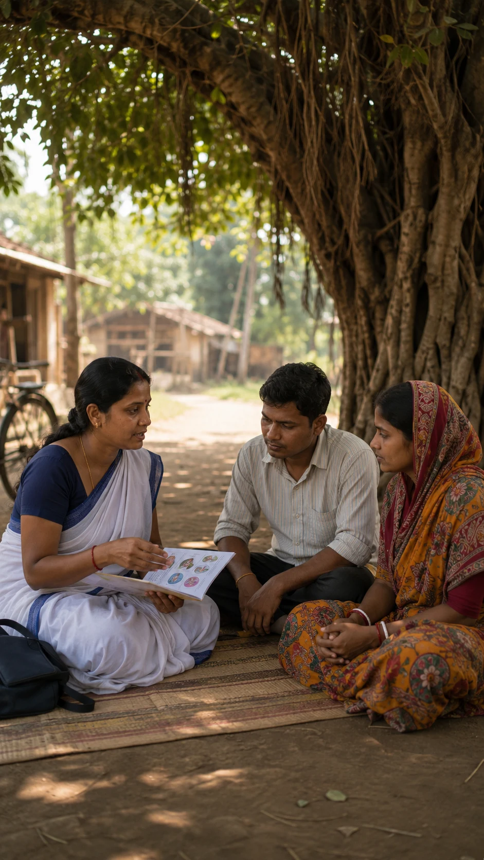 A health worker counsels a young couple under a banyan tree in a West Bengal village