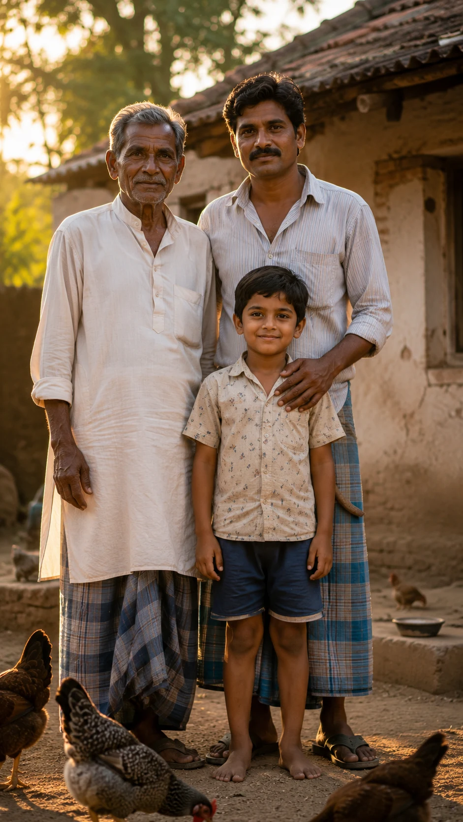 Three generations of a farming family stand together in a West Bengal courtyard
