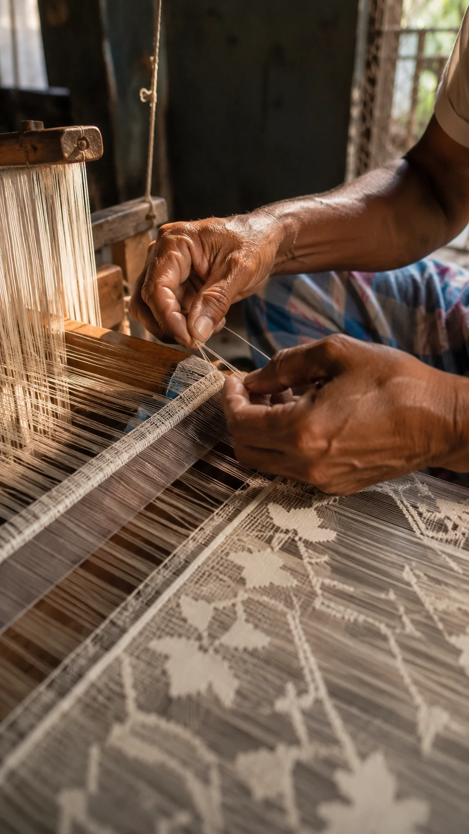 A weaver's hands work an intricate Jamdani pattern on a traditional Bengal handloom