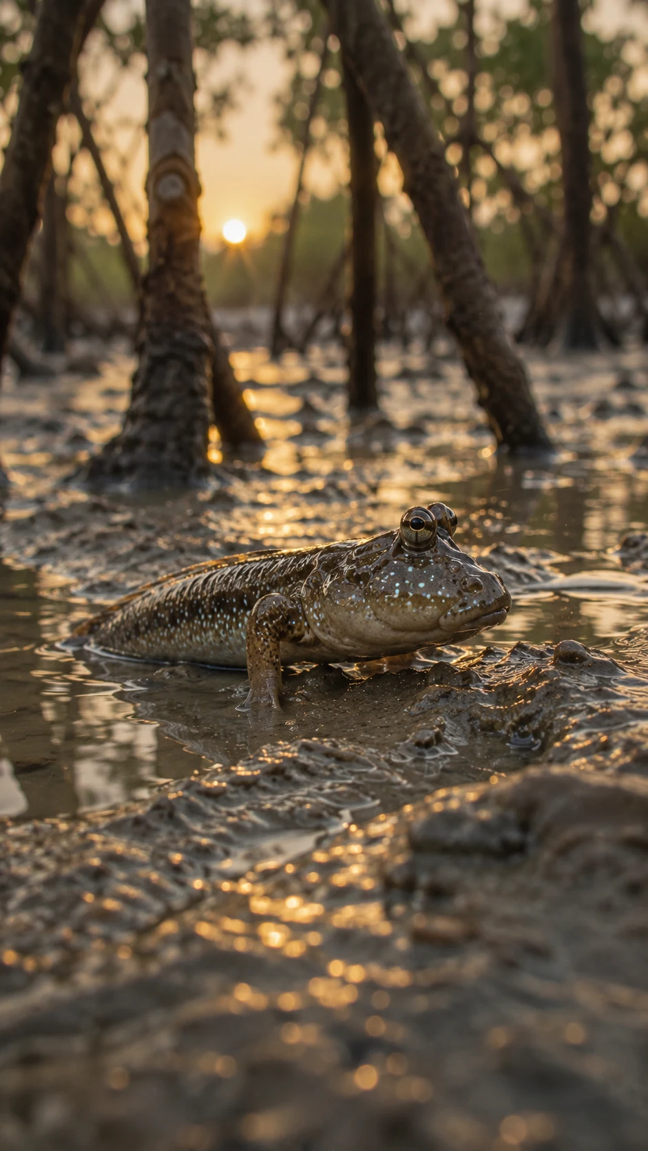 A mudskipper rests propped on its fins on a Sundarbans mudflat at low tide