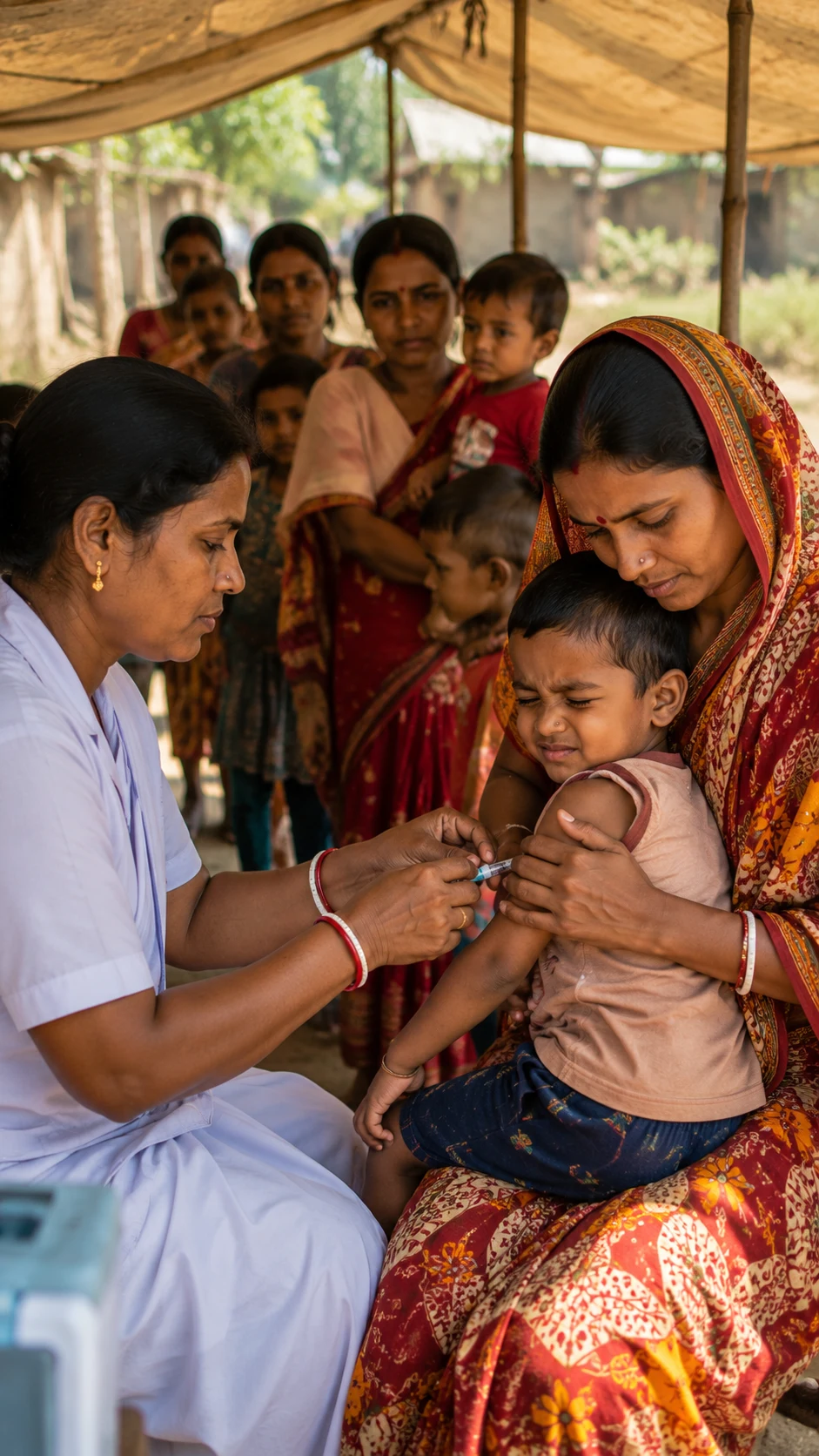 A nurse administers a vaccine to a child at a rural immunisation camp