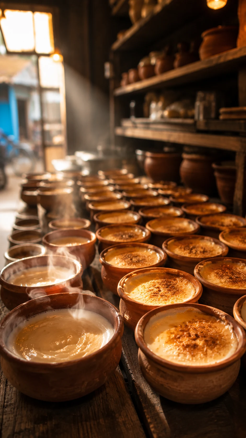 Clay pots of mishti doi ferment on a shelf in a traditional Bengal sweet shop