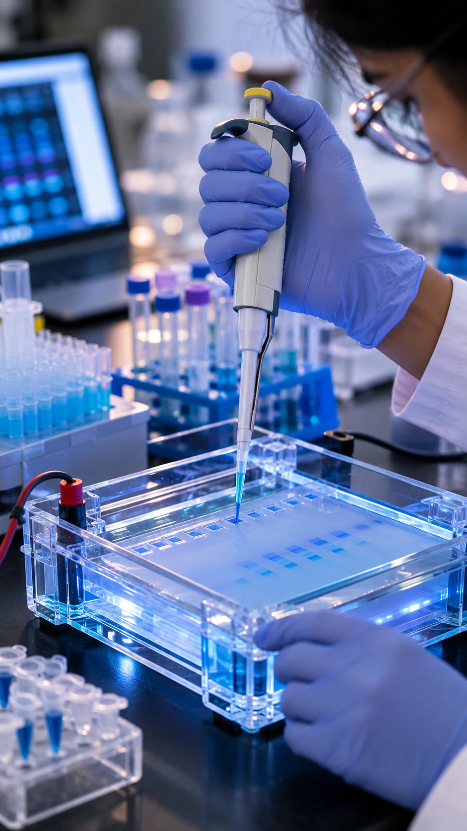 Gloved hands load a sample into a gel electrophoresis tray in a genetics lab