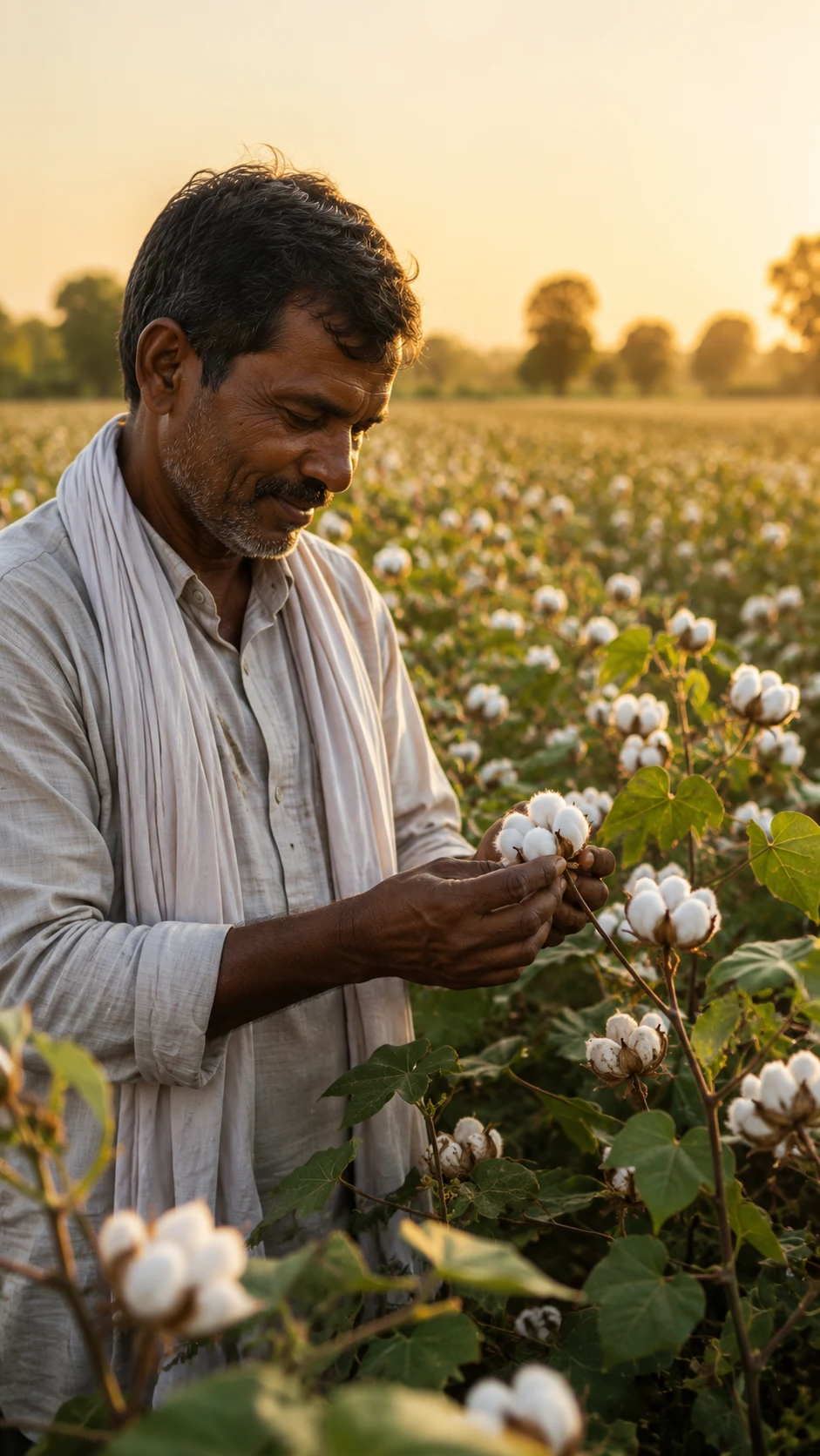 A farmer inspects a healthy, pest-resistant cotton boll in a sunlit field