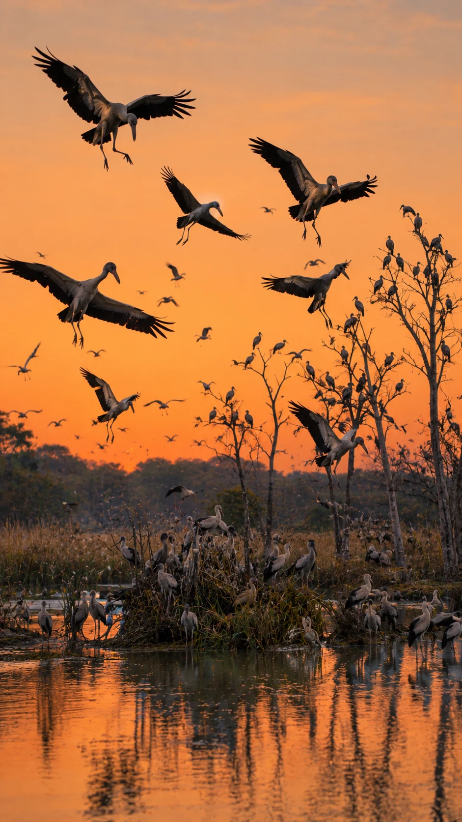 A flock of migratory storks lands at a West Bengal wetland at dusk