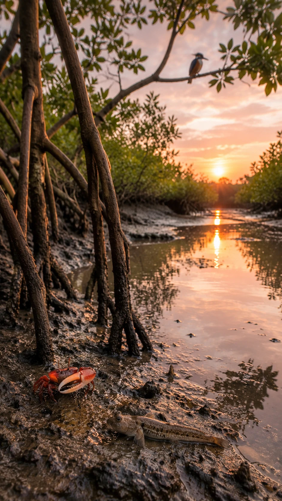 A Sundarbans mangrove creek at sunrise with prop roots, a fiddler crab, and a kingfisher