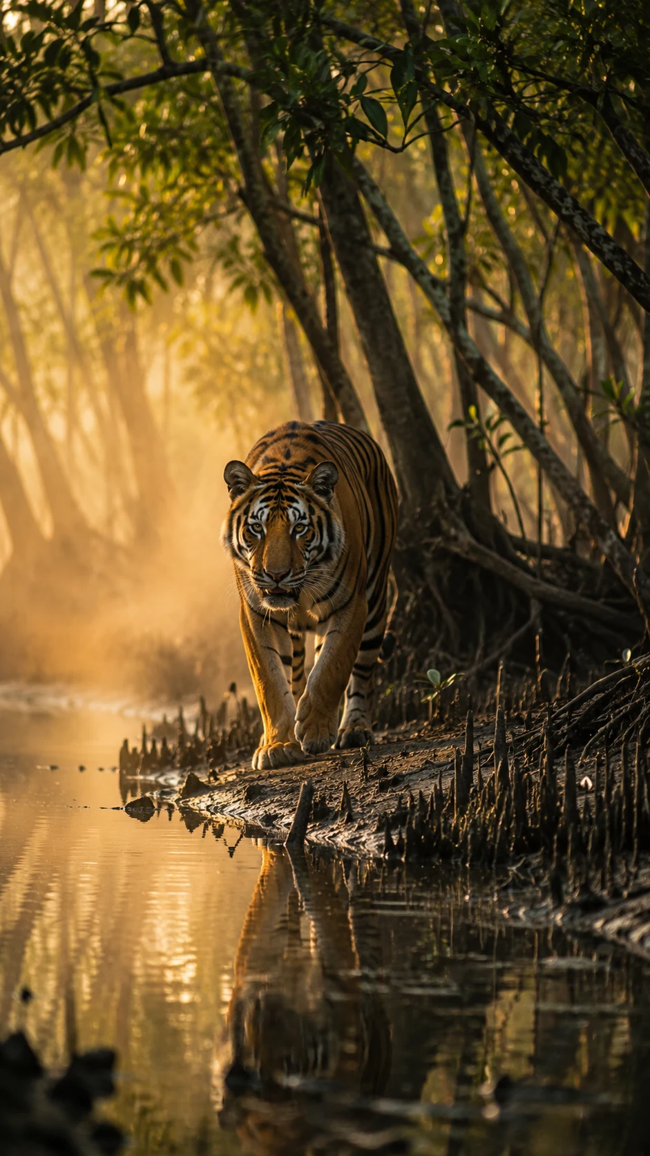 A Royal Bengal Tiger walks through misty Sundarbans mangroves at dawn